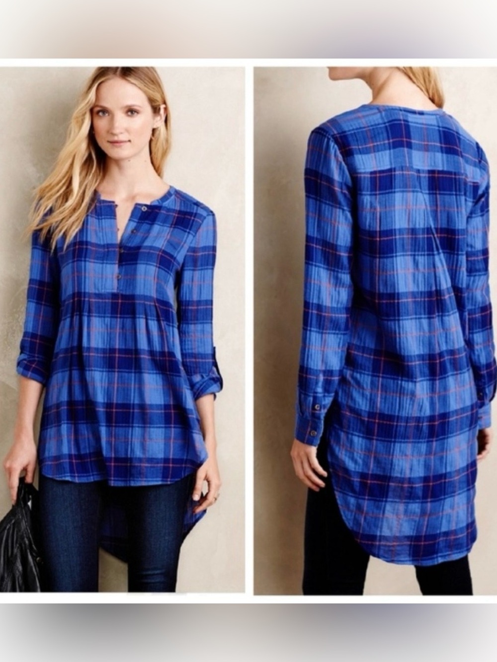 Anthropologie Holding Horses Plaid High Low Tunic Top